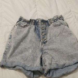 High Waist Paper Bag Denim Shorts - Acid Wash